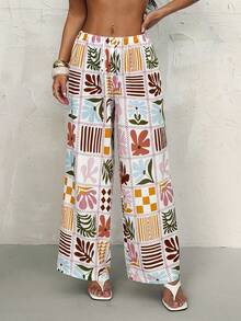 SHEIN PETITE Women's Fall Floral Print Tie Waist Wide Leg Pants, Vacation Wear Summer Beach Vacation Vacation - Multicolor - View 2