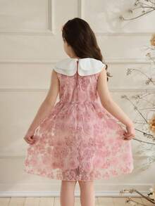 Glamorique Kids 女童甜美公主风粉色无袖连衣裙，饰有3D玫瑰刺绣，春夏款，多层领设计，适合生日派对和日常穿着。 - 粉色 - 查看 2