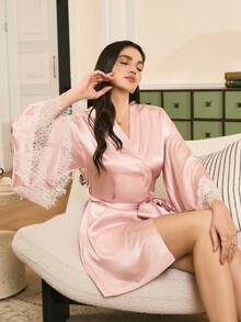 Elegant French Lace Satin Women's Robe - Pink - View 5