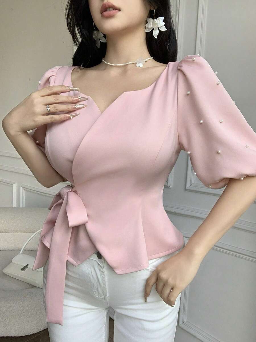 Celisse Women's Elegant Keyhole Neck Bubble Sleeve Blouse With Faux Pearl Decor, Tie Waist, Suitable For Summer, Dates, Valentine's Day - Pink - View 1