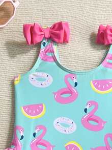 Bañador de una pieza para bebé niña con estampado de cerezas, hecho de tela de punto con volantes y lazo en el hombro, elegante y casual, adecuado para nadar, vacaciones y verano. Bañador de una pieza para bebé niña con estampado floral aleatorio, estilo vacaciones/playa con flamencos, bañador de flamencos para niña, bañador de verano rosa y lindo para bebé - Multicolor - Ver 3