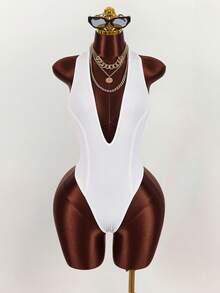 Amplova Women's Halter V-Neck Bodysuit, Backless Sexy & Avant-Garde, White Textured Fabric - White - View 9