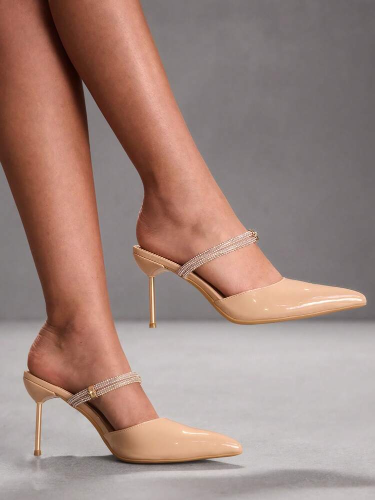CUCCOO SZL Women's Apricot Elegant Pointed Toe High Heel Pumps, Rhinestone Decor Pointed Toe Patent Leather Sexy Versatile Mule Slip-On High Heel Shoes, Alluring Party Sexy Ankle Strap Stiletto High Heel Fashion Pumps, Suitable For Office, Outdoor, Wedding, Gala, Party, Spring, Easter