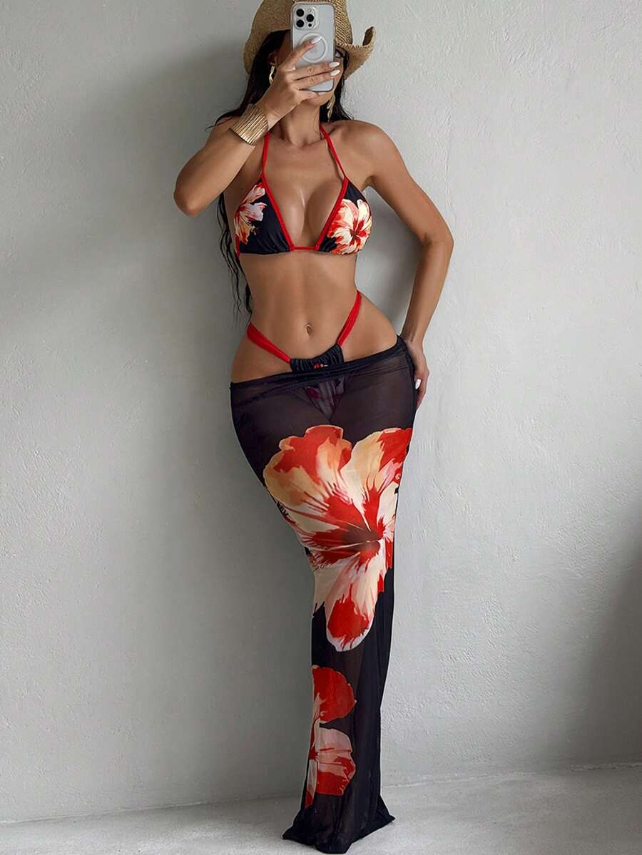 Swim SXY Women's Black Summer Floral Bikini Set,Positioned Red Trim Floral Print,Form-Fitting Skirt, Casual Beach Party,Vacation,Holiday Music Festivals - Multicolor - View 1