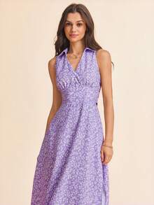 Coeurva 女士碎花露肩开衩连衣裙，春夏度假款 - 淡紫色 - 查看 5