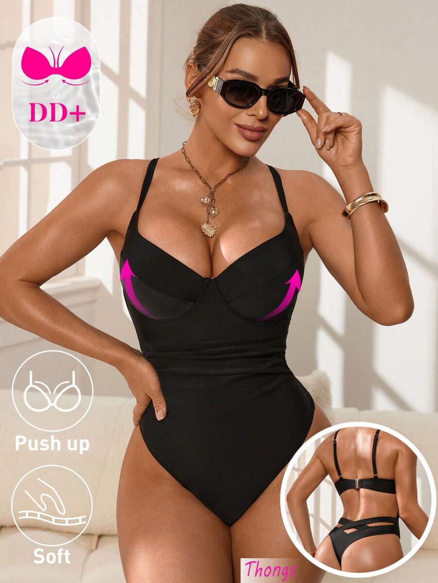 Swim DD+ 1 bộ áo tắm liền thân nữ màu trơn, size DD+, có gọng nâng đỡ và kiểu quần bơi Brazil gợi cảm, thích hợp cho mùa xuân/hè. - màu đen - Xem 1