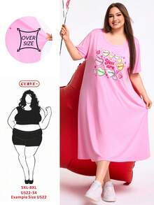 SHEIN CURVE+ 加大码/情人节/加大码红色心形印花长裙，情人节 - 粉色 - 查看 1