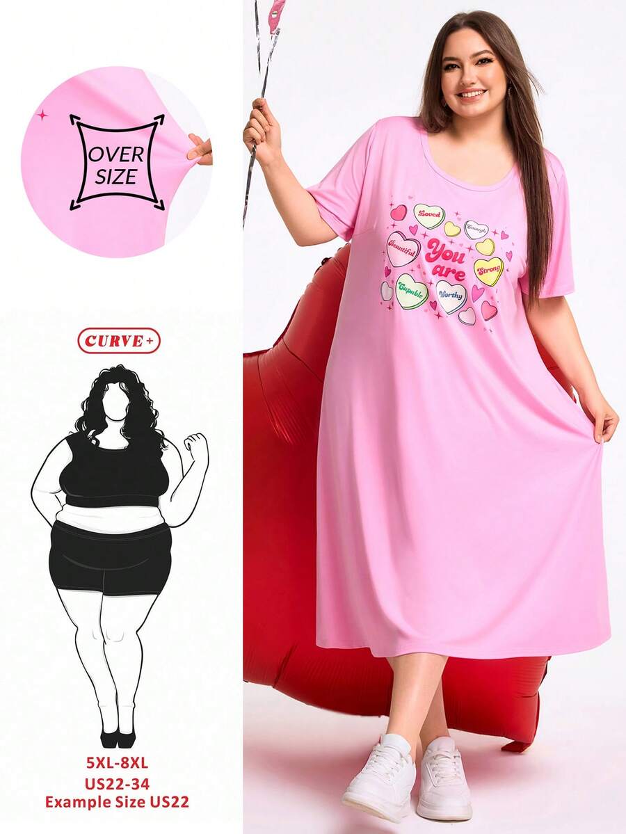 SHEIN CURVE+ 加大码/情人节/加大码红色心形印花长裙，情人节 - 粉色 - 查看 1