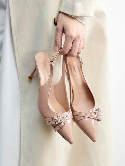 CUCCOO BIZCHIC Tacones altos de punta fina tipo stiletto, color burdeos, con tiras múltiples en el talón, versátiles y de moda para uso diario, zapatos de mujer para Navidad