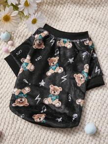 PETSIN 1 Printed Brown Bear Flannel Sweatshirt, Thick And Warm For Pets In Autumn And Winter, Black