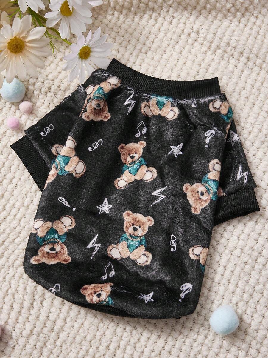 PETSIN 1 Printed Brown Bear Flannel Sweatshirt, Thick And Warm For Pets In Autumn And Winter, Black