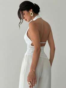 Firerie Áo sơ mi công sở nữ thanh lịch mới, cổ áo bất đối xứng, không tay, kiểu yếm, hở lưng, có nút điều chỉnh, ôm dáng, màu đen, thích hợp cho nữ đi làm, trang phục mùa xuân/hè, công sở, thanh lịch, gợi cảm. - trắng - Xem 4