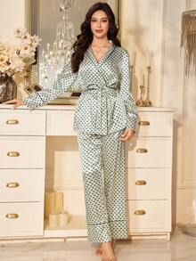 LuxeNights Women's Elegant Geometric All-Over Print Collar Tie Long Sleeve Pajama Set - Multicolor - View 3