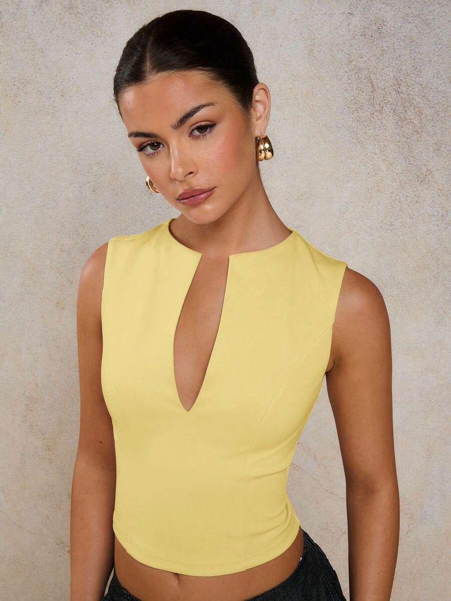 COSMINA Women's Solid Color Notched Neck Fitted Elegant Tank Top - Light Yellow - View 1
