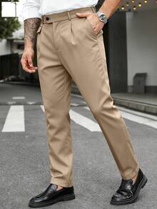 Manfinity Mode Plus Size Men's Solid Color Pleated Pocket Straight Leg Formal Pants, Suitable For Commuting - Khaki - View 6