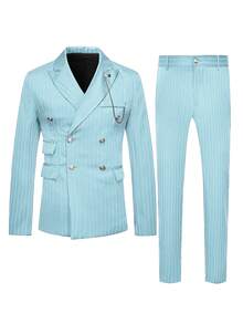 Manfinity Mode Men's Striped Print Peak Collar Double-Breasted Suit Jacket And Pants Set, Business/Party/Banquet - Blue - View 5