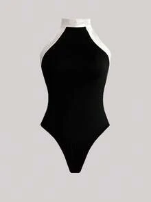 Balvessa Women's Summer Fashion Commuter Black & White Contrast Backless Halter Bodysuit - Black and White - View 4