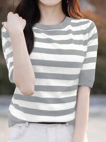 EMERY ROSE 女士条纹圆领短袖休闲针织上衣 - 灰色 - 查看 5