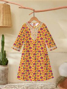 1 chiếc đầm dài tay cho bé gái, in họa tiết hoa Trung Đông, thêu ren, nhẹ nhàng, tinh tế, phù hợp mặc hàng ngày và các lễ hội, mùa xuân/hè. - Nhiều màu - Xem 4