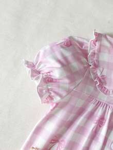 SHEIN 2pcs Girls Butterfly & Plaid Print Set, Peter Pan Collar Ruffle Trim Short Sleeve Top & Pants, Stretchy & Soft Fabric, Ideal For Casual Wear