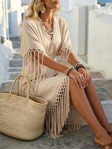 SHEIN Holidaya Vestido largo con cuello en V y decoración de flecos en la cintura para mujer - Albaricoque - Ver 6