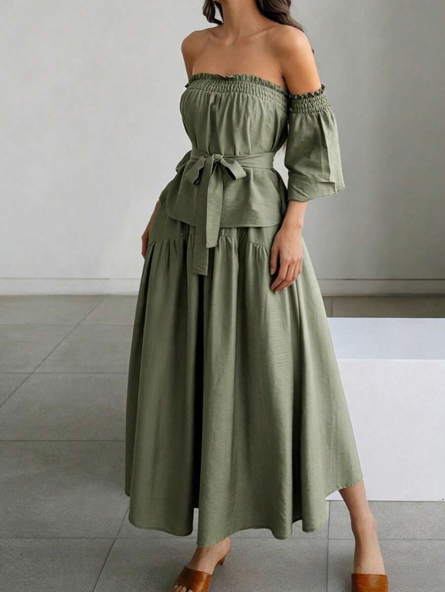 Breezaya 女士两件套露肩灯笼袖收腰A字宽松休闲度假套装，适合春夏穿着 - 軍綠色 - 查看 1