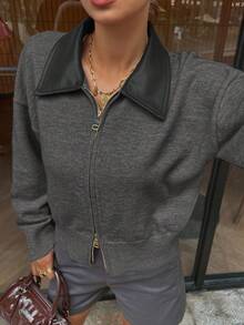DAZY 女士休闲PU皮革拼接拉链开衫毛衣，秋冬款 - 深灰色 - 查看 3