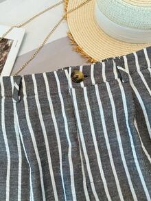 Franclia French Retro Casual Vacation Black & White Striped Elastic Waist Comfortable Slimming Wide Leg Straight Women's Pants, Summer Linen Trousers - Dark Grey - View 4