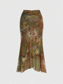 ROMWE Hippie Chân váy chữ A nữ phong cách vintage boho chic với vạt bất đối xứng in họa tiết paisley. - màu nâu - Xem 2