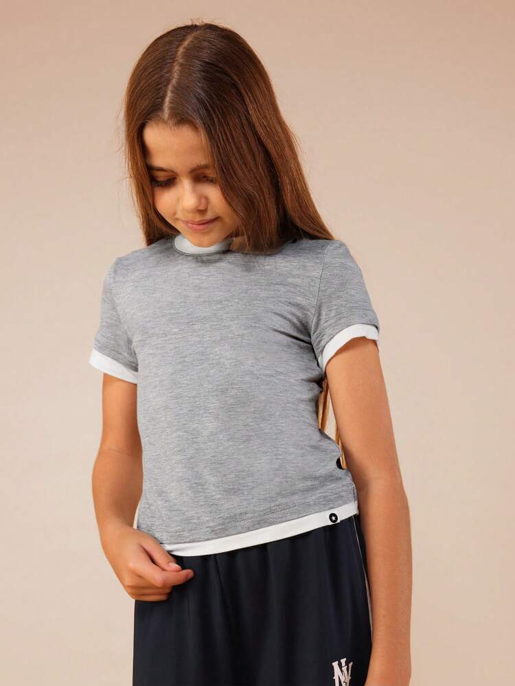 Grey Crew Neck Tee With White Trim