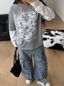 Coolane 女士秋冬街头休闲嬉皮学院风朋克哥特风纯棉印花宽松长袖T恤 - 灰色 - 查看 6