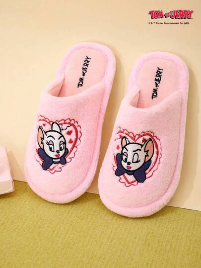 POKOJA LAND TOM & JERRY Dép bông màu hồng - Giày đi trong nhà đế phẳng thêu tay chống trượt dành cho học sinh, sinh viên, mùa đông, dép bông ấm áp đế dày màu xanh lam, thích hợp sử dụng trong văn phòng, thảm trải sàn, sử dụng tại nhà