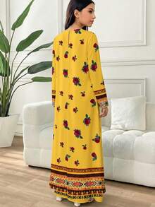 Tween Girls Yellow Autumn Boho Family Matching Casual Floral & Print Long Sleeve Robe,Vintage Elegant Kaftan Traditional Arabic Style Patterned Dress - Multicolor - View 3