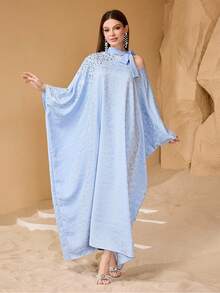 SHEIN Najma Elegant, Luxurious Beaded Decor Off-Shoulder Flowy Dress, Loose Fit, Fashionable & Charming Kaftan Jalabiya Dress Abayas Dubai Luxury - Blue - View 4