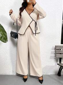 SHEIN Frenchy Casual Multicolor V Neck Wrap Blouse And Long Wide Leg Pants Set For Women Woven Fabric Co-Ords - Multicolor - View 6