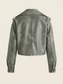 EMERY ROSE Vintage Distressed Cropped Zip Up Moto Jacket - Grey - View 2