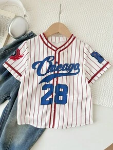 Young Boy Woven Round Neck Striped Letter & Number Graphic Casual Shirt