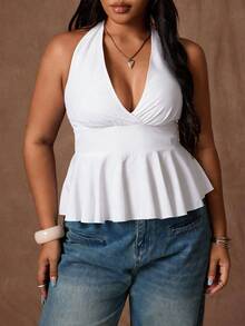 Rustia Plus Size Women's Solid Color Deep V-Neck Ruffle Hem Casual/Work Sleeveless Top - Beige - View 3