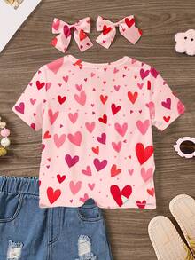 SHEIN 奶油粉色，可爱甜美少女红色爱心图案印花，女婴休闲简约短袖圆领T恤，适合春夏日常穿着、外出、亲子装、情人节等场合。 - 彩色 - 查看 2