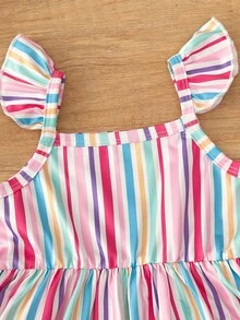 SHEIN Vintaside Kids 三件装女婴荷叶边吊带连衣裙，条纹配彩色花卉/粉色图案，甜美可爱，适合夏季玩耍和度假。 - 彩色 - 查看 6