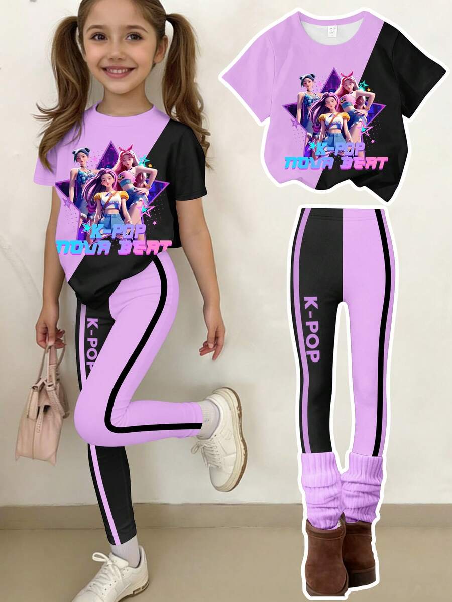 一套少女时尚明星K-POP女团紫色和黑色撞色印花短袖圆领T恤和打底裤套装,适合夏季外出和度假的时尚装扮 - 彩色 - 查看 1