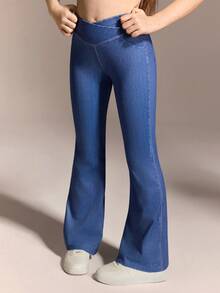 SHEIN 少女高腰牛仔印花紧身弹力瑜伽休闲喇叭裤，针织弹力面料，修身舒适 - 藍色 - 查看 4