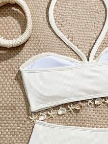 SHEIN 少女比基尼套装，可爱针织罗纹面料露背吊带短款上衣泳装套装，时尚优雅的欧美风格，适合度假、游泳、海滩、夏季穿着。 - 杏色 - 查看 3