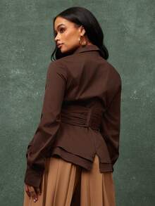 Vixey Brown Wrap Around Cinched Waist Double Peplum Hem Button Down Collar Office Shirt - Brown - View 2