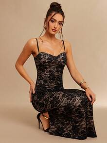 Silquee 蕾丝花卉图案性感紧身连衣裙 - 黑色 - 查看 7