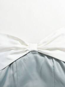 Girlism 少女蓝白拼接露肩缎面蝴蝶结A字连衣裙，优雅适合聚会，春夏款 - 薄荷綠 - 查看 6