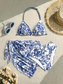 SHEIN 少女三件套蓝色碎花比基尼套装，细肩带，适合海滩度假游泳，春夏款 - 藍色 - 查看 6