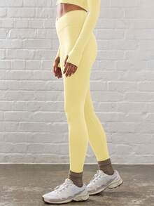 Musera Sport Crossover Dipped Waist Fitted Contour Active-Wear Leggings Padel Tennis Pickleball Gym Fitness Yoga Pilates Daily Casual - Butter Yellow - View 3