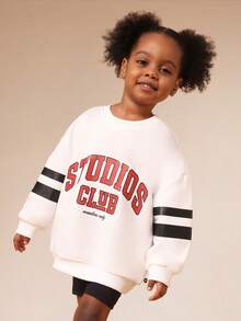 SUMWON Studios Club White Pullover Hoodie With Black Striped Sleeves And Black Cycling Shorts Co-Ord Set For Kids Fall Winter Casual Wear Vacation - White - View 3