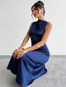 Firerie 女士休闲优雅露背高领连衣裙，缎面质感面料，藏蓝色，性感露背，新年礼服，派对礼服，毕业礼服，浪漫婚礼宾客礼服 - 深色水洗藍 - 查看 9